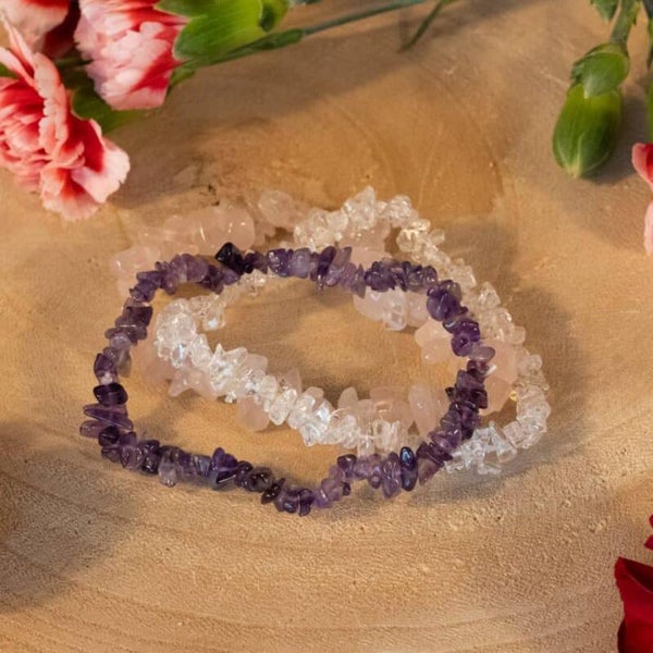 Gouden driehoek set van 3 splitarmbanden (amethist, rozenkwarts, bergkristal)