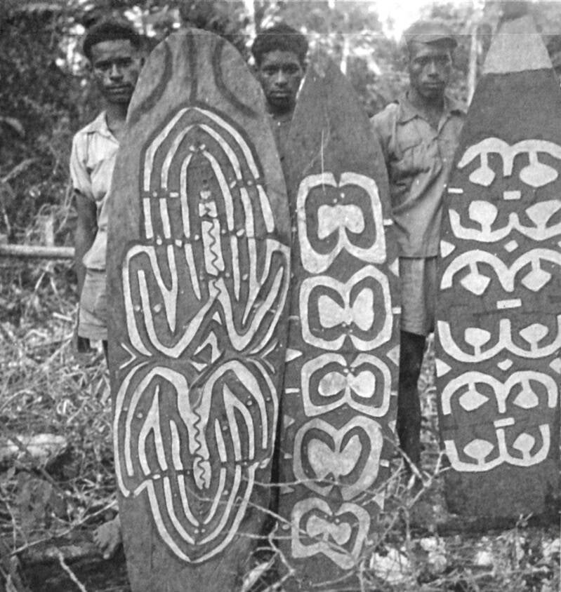 Boelaars Mappi Asmat Citak Tjitak 20216 Serie BIV-2370 Schilden aangetroffen door P van Dongen bij Tjitak-mensen in 1955 