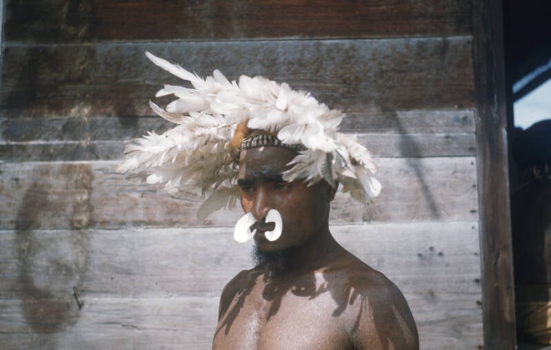 Asmat man met krans van Kaketoeveren Piet ter Laag diapositief 209-3-080