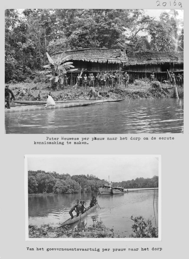 AR-P027 20169- Pater Meuwese per prauw naar het dorp om de eerste kennismaking te maken - Van het gouvernementsvaartuig per prauw naar het dorp  - een hartelijke ontvangst met sagobrokken
