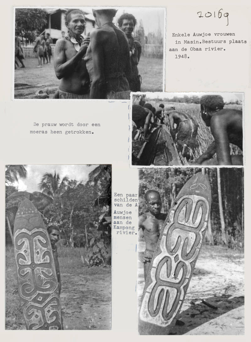 Enkele Auwjoe vrouwen in Masin - Prauw door moeras getrokken - Schilden Auwjoe mensen Kampong riv 20169 AR-P027  Meuwese Awyu Auyu