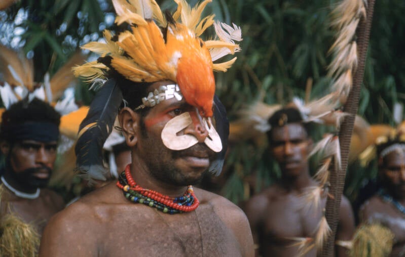 Man van de Mappi met paradijsvogel-tooi, neusschelp en het hoofd omkranst met een dubbele rij nautilus-tussenschotten. Piet ter Laag diapositief 209-3-084