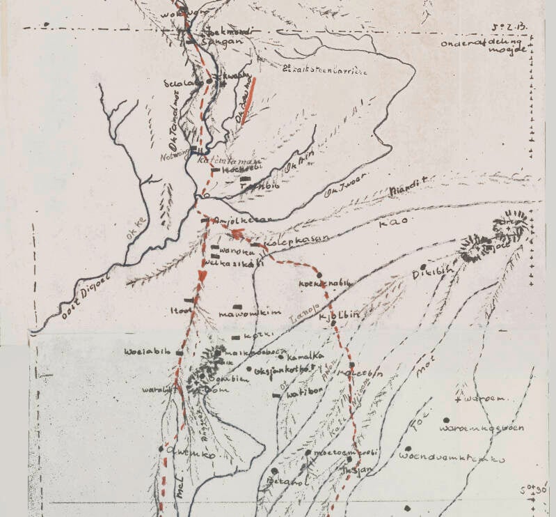 Moejoe - Muyu- uitsnede 74KNAG1873-1966-174 Tourneeverslag controleur binnenlands bestuur JWSchoorl  tournee naar de Sibilvallei op Nieuw-Guinea1955 uitsnede kaart p 19