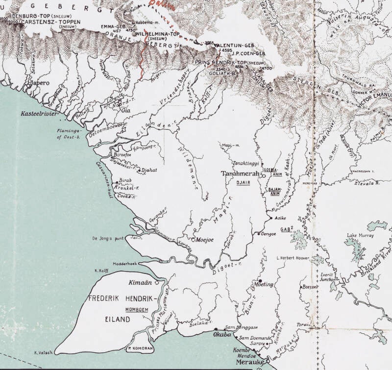 Kaart Nederlands Nieuw-Guinea 1935. Utrechts Archief  Gab gab = Muyu of Yonggom ;  Djair = Jair Awyu of Aghu ; Goebia-anim = Muyu of Muyu-Kati ; Bajam-anim = Wambon of Wambon-Kao, een subgroep van de grotere Awyu-Dumut taalfamilie 