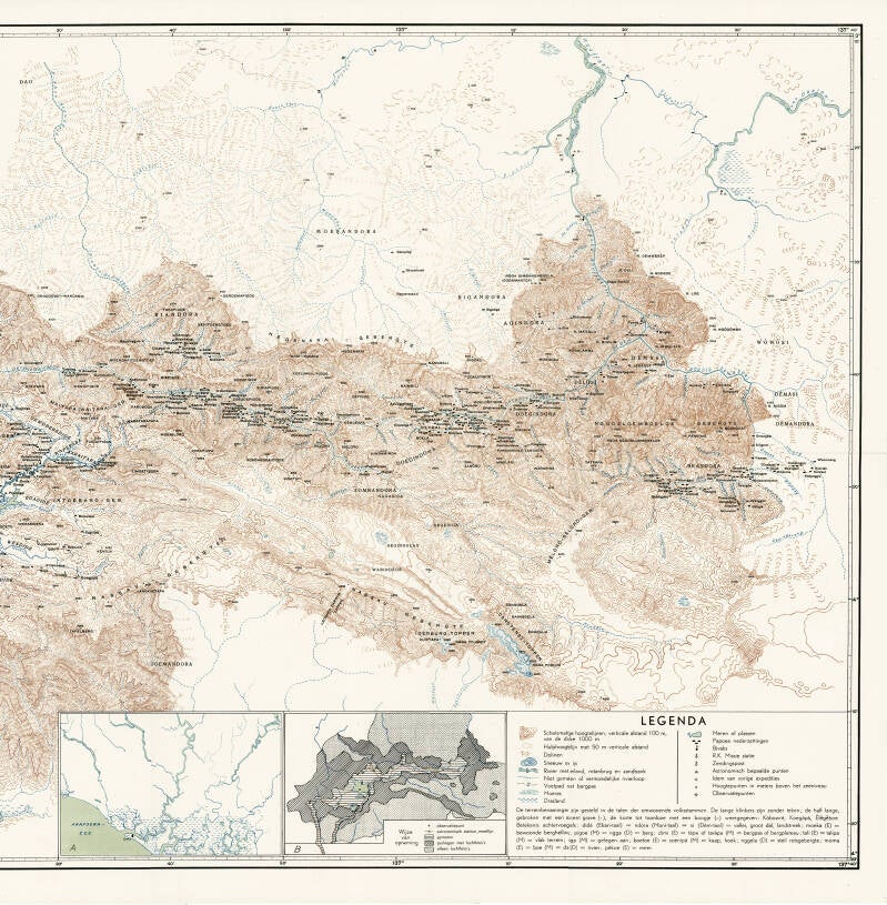 Overzichtskaart westelijk deel Ned Centraal Nieuw-Guinea- Terrein der Expeditie 1939 Koninklijk Nederlandsch Aardrijkskundig Genootschap onder leiding van CCFM  le Roux 2
