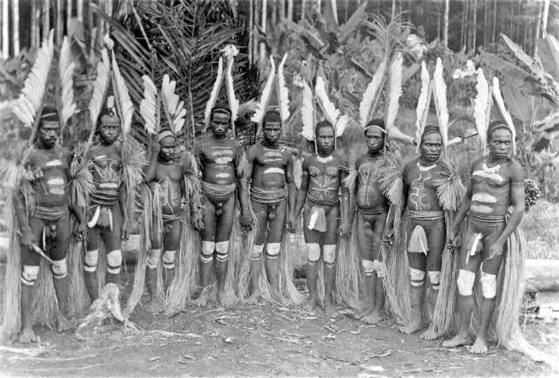 TM-10008194  Groepsportret Papoea's afkomstig uit de omgeving van de bovenloop van de rivier Digul ca 1930