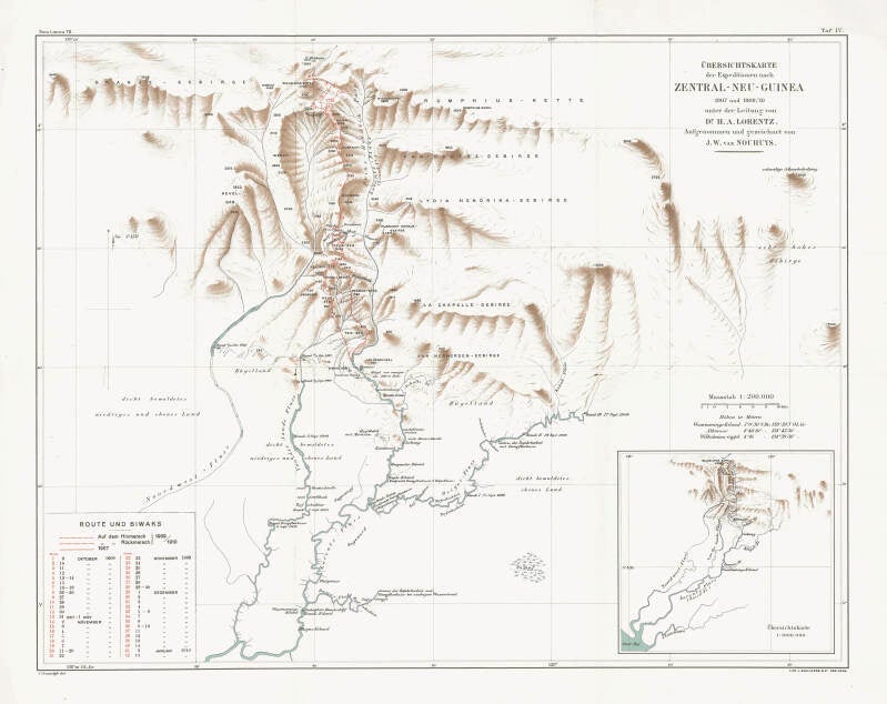Kaart bij de expedities naar  Centraal Nieuw-Guinea -Papua Selatan- 1907 en 1909/1910 onder leiding van Dr. H.A. Lorentz.  Utrechts Archief 74-527-1-15 