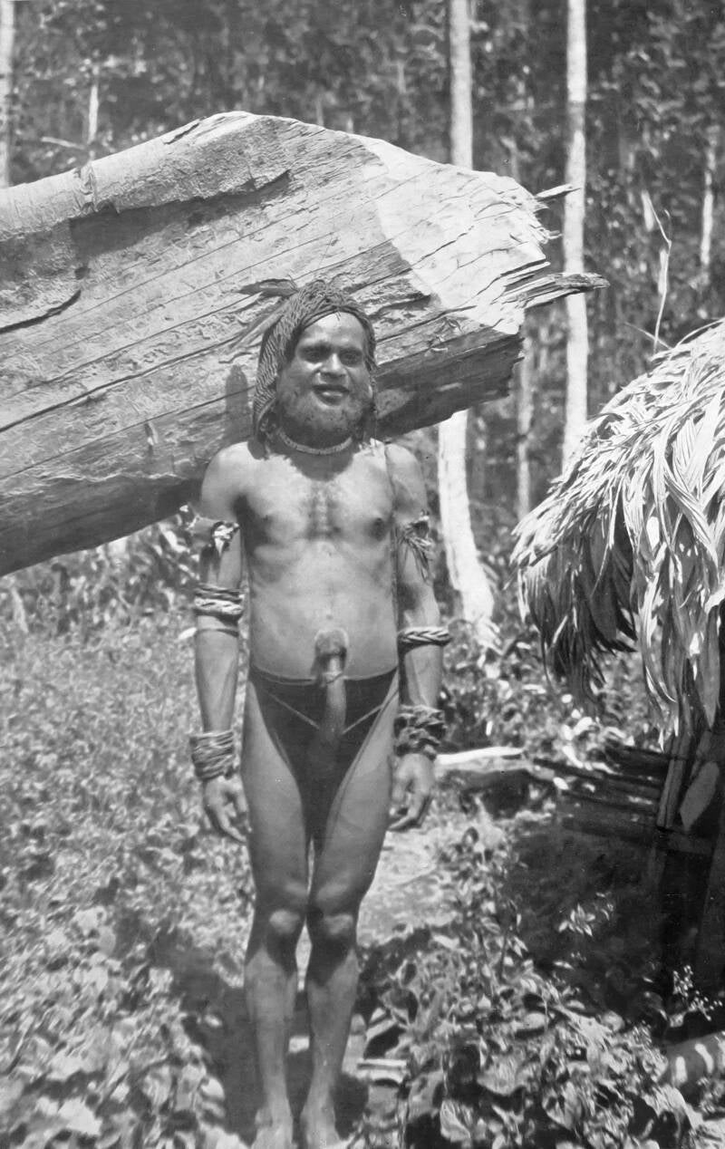Utrechts Archief 74_170_000047 foto 2 Dem Papoea naast een met stenen bijl omgehakte boom ca 1935