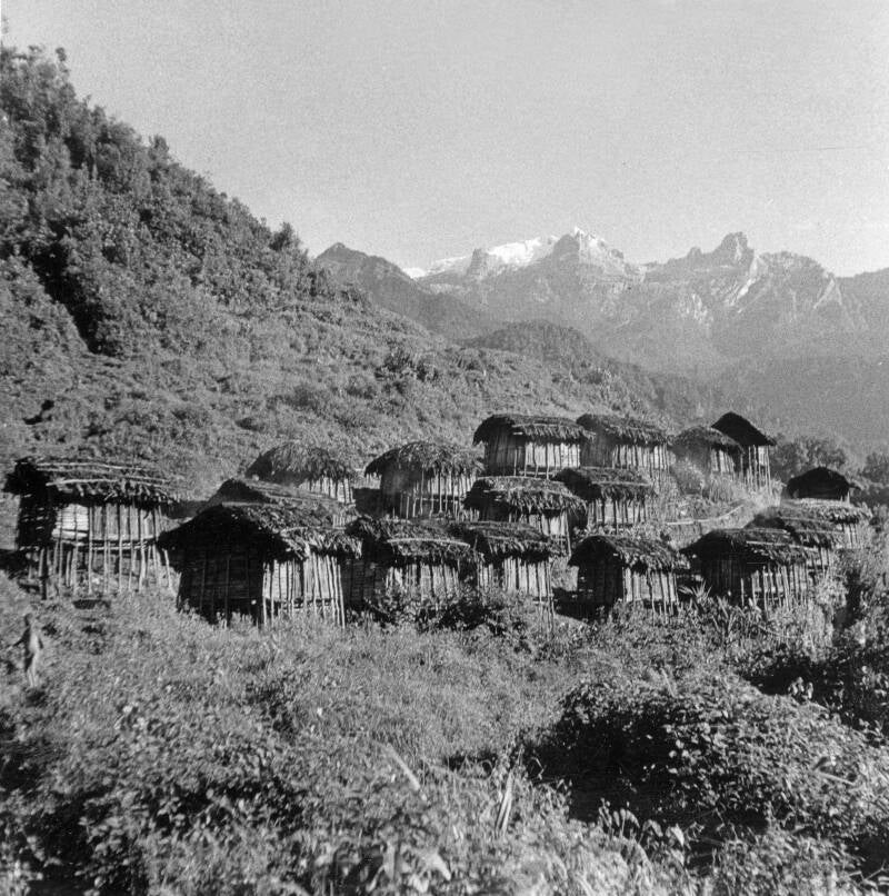 Verblijf bij de Amungme - 022 - kampong in de Tsingga-vallei. Op de achtergrond de toppen van het Carstensz-gebergte