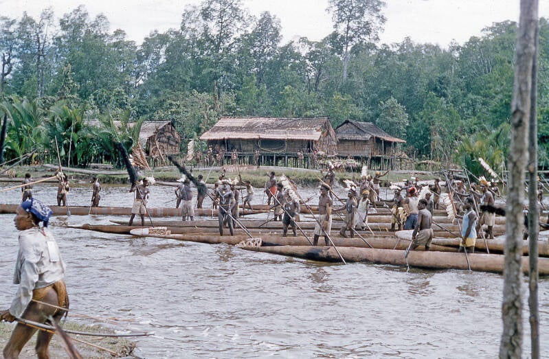 Bisj ceremonieel Sjoeroe (Sjuru; Syuru) 1956/1957 -  Asmat 27 De mannen komen steeds dichterbij en verdelen zich in groepen 