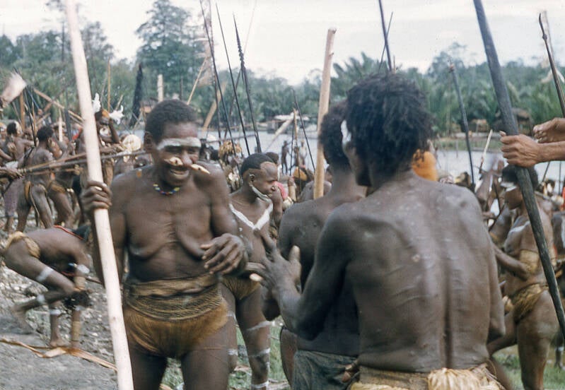 Bisj ceremonieel Sjoeroe (Sjuru; Syuru) 1956/1957 -- Asmat 40 De mannen staan nu tot hun middel in het water en proberen de boomstam de wal op te duwen Ondertussen staan zij bloot aan een bombardement van de vrouwen 