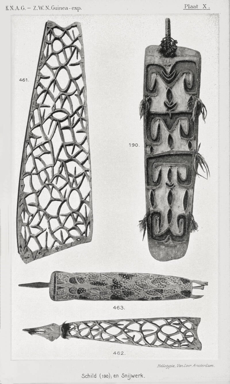 Zuidwest Nieuw-Guinea Expeditie 1904-1905  Ethnografica Plaat X Asmat schild Kasuarinenkust en Kamoro snijwerk