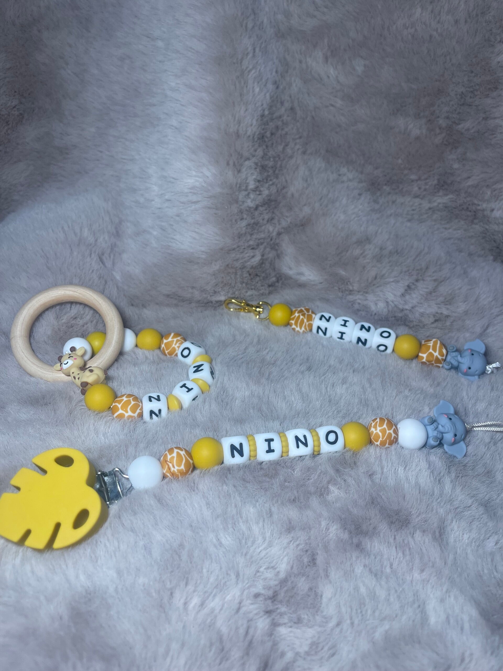 Pack Trio baby - Attache tétine + anneaux de dentition + porte clé