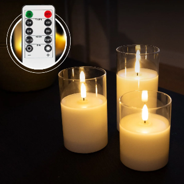 Akaro Crystal Candle Trio Transparant - 3 Oplaadbare LED Kaarsen met Transparant Glas