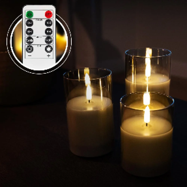 Akaro Crystal Candle Trio Grijs - 3 Oplaadbare LED Kaarsen met Grijs Glas