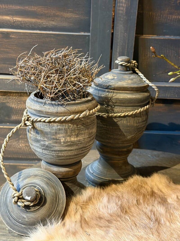 Potje met deksel hout grijs Ø11cm