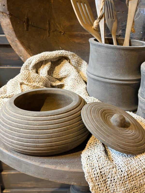 Trapa living - Houten pot met deksel lijnen