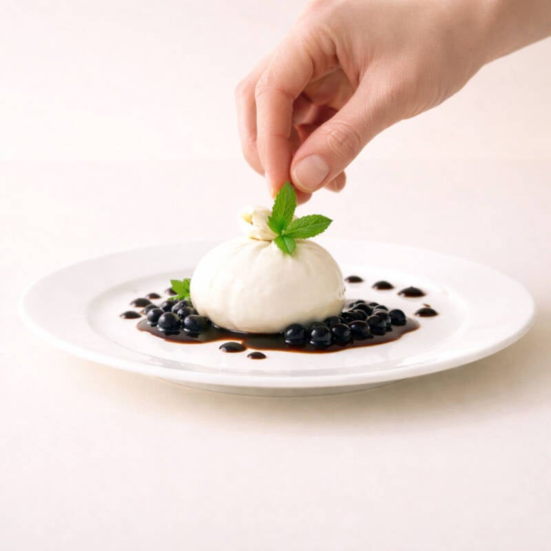 Vier Balsamico-Creationen der Manufaktur – Rhabarber, Quitte, Rote Bete und Holunder – in Glasflaschen mit Hangtags