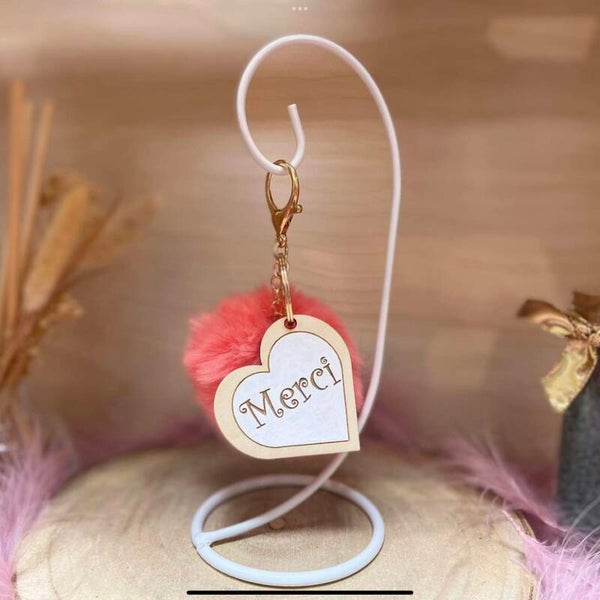 Porte clé bois merci avec pompon