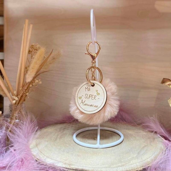 Porte clé bois marraine avec pompon