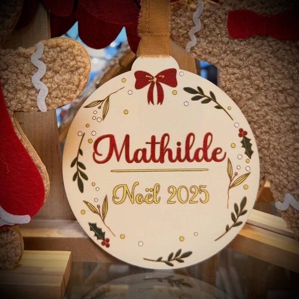 Boule de Noël en bois Prénom + Date