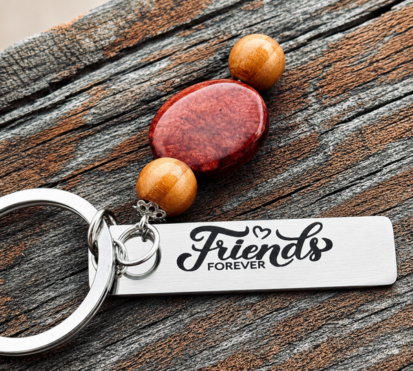 Friends Forever Stainless Steel Keychain with Wooden Bead Accent