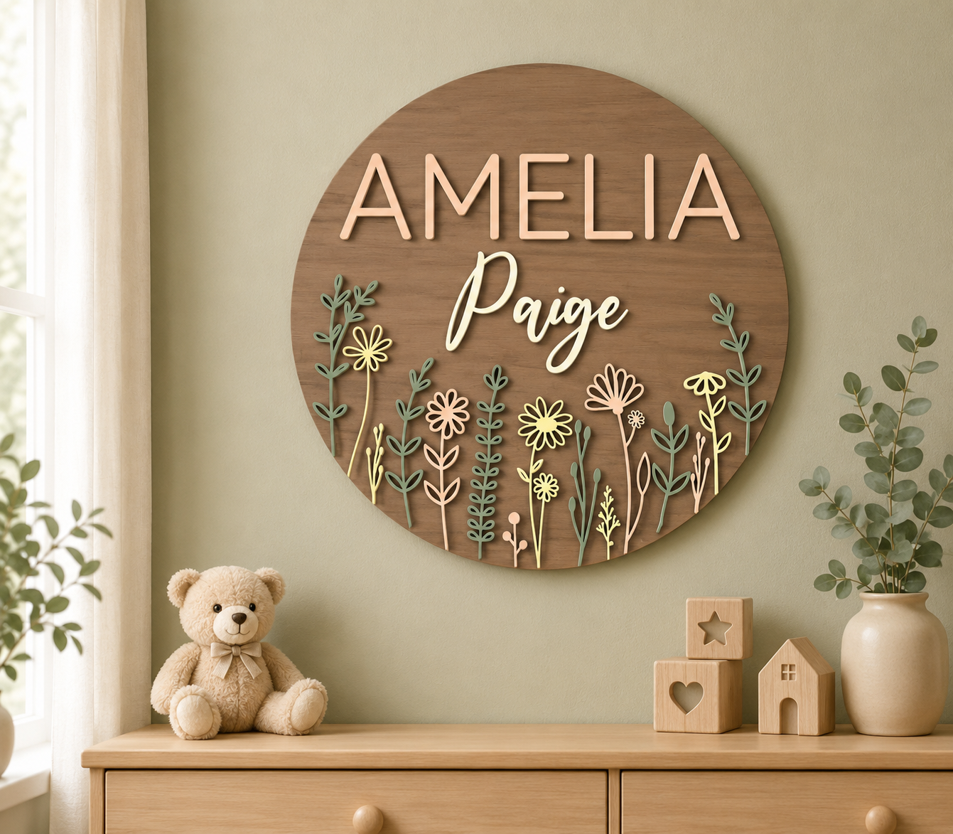 Wildflower Personalized Round Nursery Sign