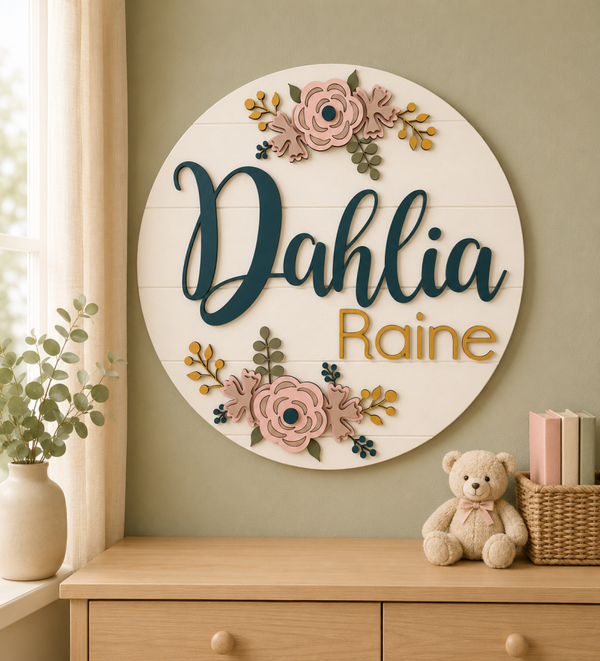 Floral Round Personalized Nursery Sign