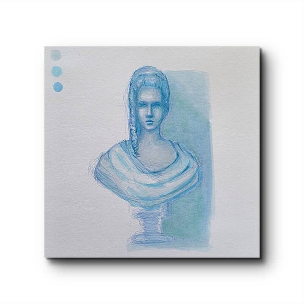 Original Minimalist Blue Art Female Bust painting | Classical  | Small Original Artwork 21 x 21 cm (8.9 x 8.3 inches)