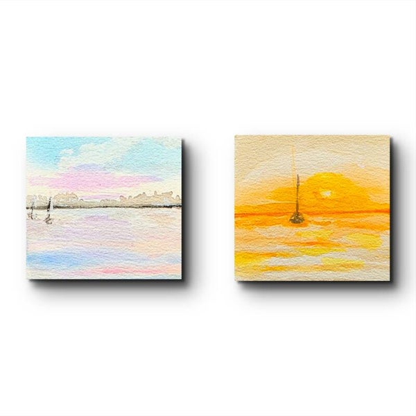2 Original Mini Watercolor Paintings – 6.5 x 6.5 cm (2.5 x 2.5 inch) – Hand Painted,  Signed – Cute Minimal landscape painting