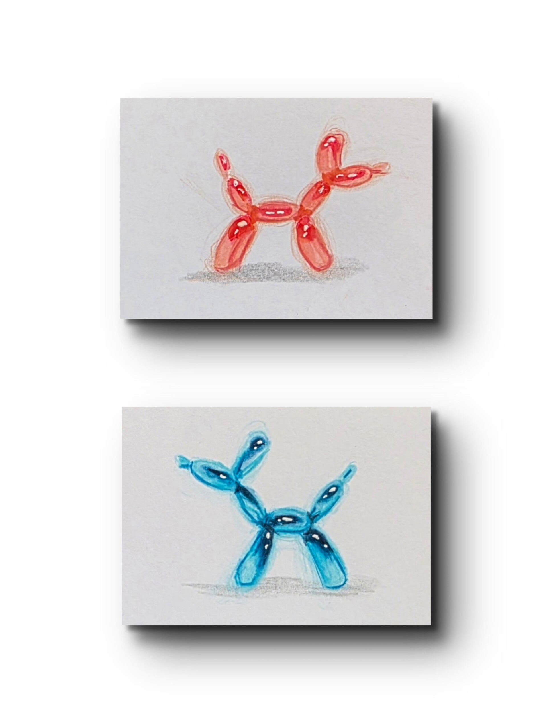 Cute Balloon Dog ACEO Set of 2 Original Art, Alcohol Marker Drawing, 2.5 x 3.5 Inch / 6.4 x 8.9 cm Mini Art