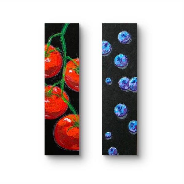 Handpainted Bookmark Set – Tomato & Blueberry | Original Art | 20 x 5.5 cm (7.9 x 2.2 inches) | Mini Artwork Gift