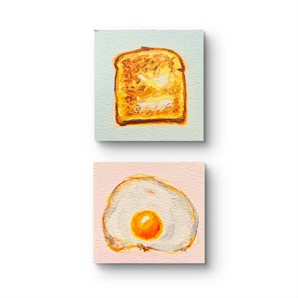 2 Original Mini Watercolor Paintings – 6.5 x 6.5 cm (2.5 x 2.5 inch) – Hand Painted – Cute Minimal Illustrations egg toast