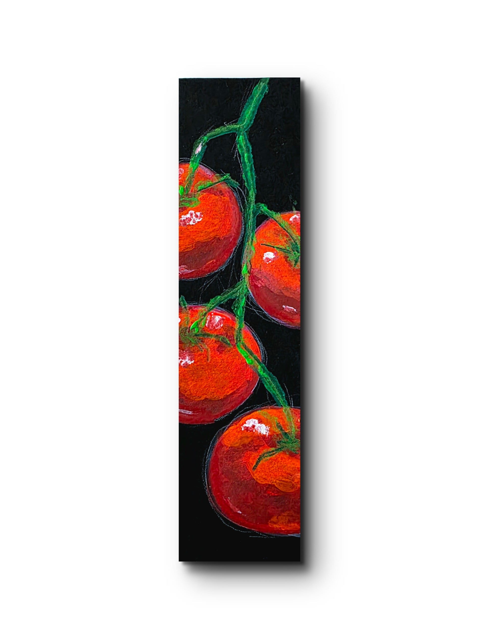 Tomatoes , handpainted Tomato Bookmark Original Art  20 x 5.5 cm 7.9 x 2.2 inches Mini Painting on Black Paper