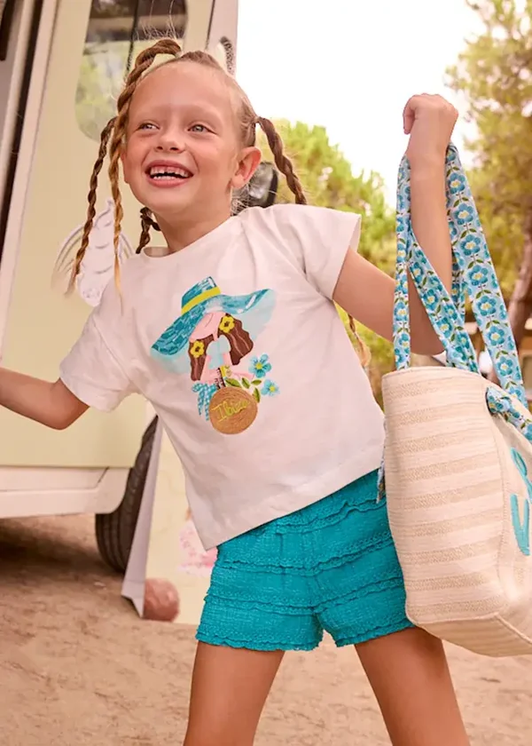 Completo shorts volant e maglietta stampata bambina