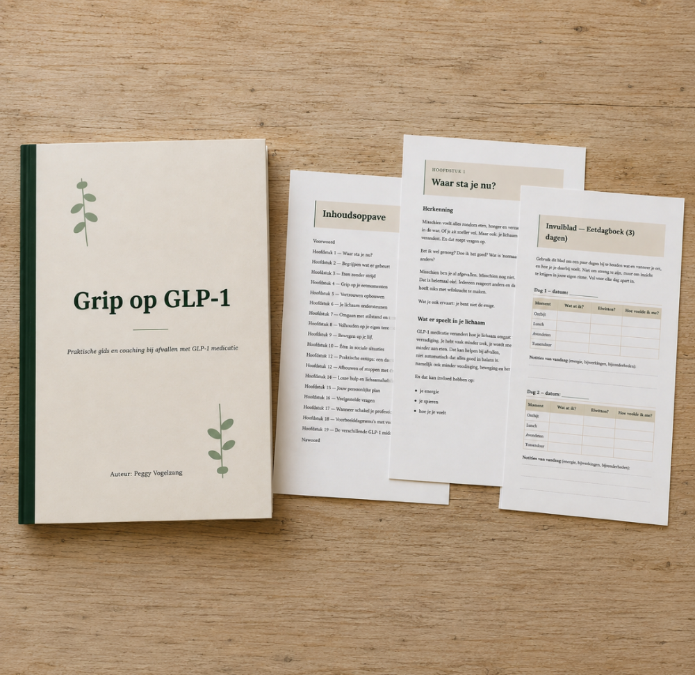 Boek Grip op GLP-1 met losse pagina's, gids voor afvallen met GLP-1 medicatie