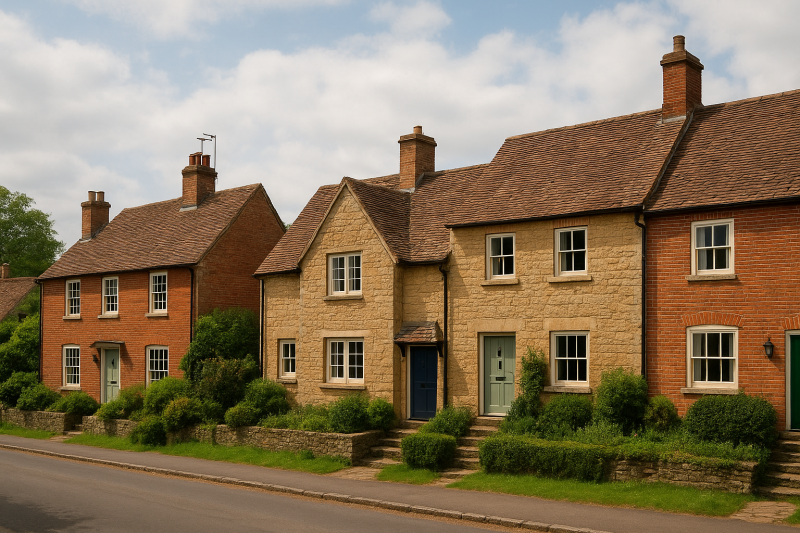 row of traditional british terraced houses with brick and stone exteriors