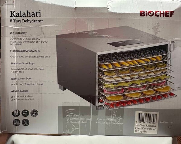 Biochef Kalahari Dörrautomat/Dörrgerät Edelstahl mit 8 Einschüben, LED Anzeige