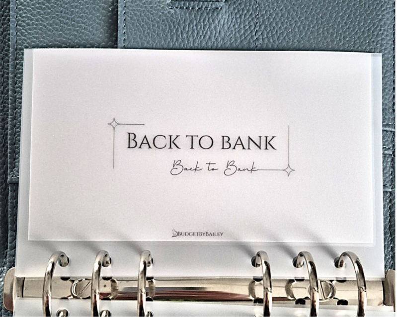 Ein Produktfoto zeigt einen geöffneten, blaugrauen Budget Binder aus strukturiertem Leder mit einer silbernen 6-Ring-Mechanik. Darin abgeheftet ist ein personalisiertes, transparentes Dashboard als Geldumschlag für die Kategorie Back to Bank. 