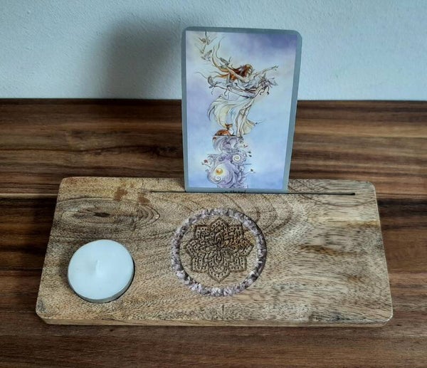Kaarthouder met Theelicht - Roze Kwarts - Mandala - Mangohout