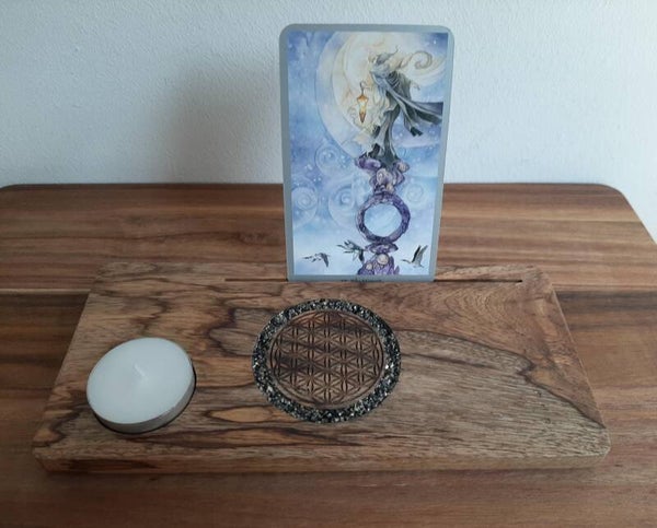 Kaarthouder met Theelicht - Zwarte Toermalijn en Pyriet - Flower of Life