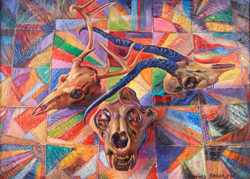  Homage to O'Keeffe, 1937 oil painting by Edward Brodney, showing three cow skulls resting on a patchwork quilt.