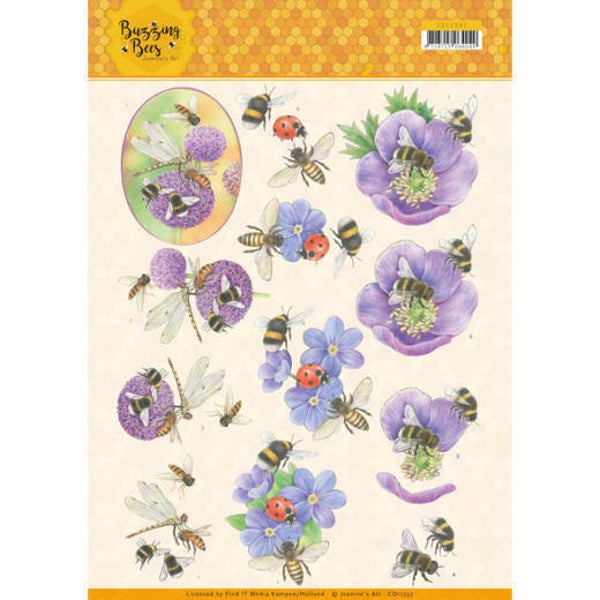 3D knipvel - Jeanines Art - Buzzing Bees - Purple Flowers 
