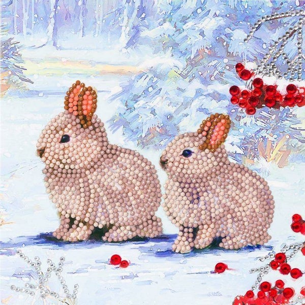 CCK-XM61: "WINTER BUNNIES", 18X18CM CRYSTAL ART CARD