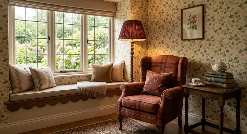 Cozy reading nook with floral wallpaper plaid armchair and layered ambient lighting reflecting 2026 nostalgic interior design trends