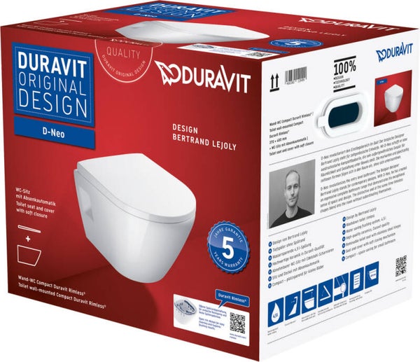 Duravit D-Neo wandcloset compact rimless pack, 370x480x400mm. Met rimless diepspoel closet, wc zitting afneembaar en softclose, wit