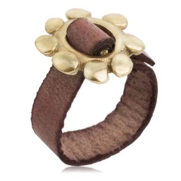 Gouden zamak bruine leren gesp ring "Cadmi"