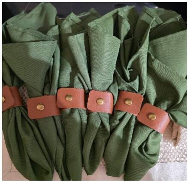 Green Fabric Napkins + Brown Faux Leather Napkin Rings Set of 6