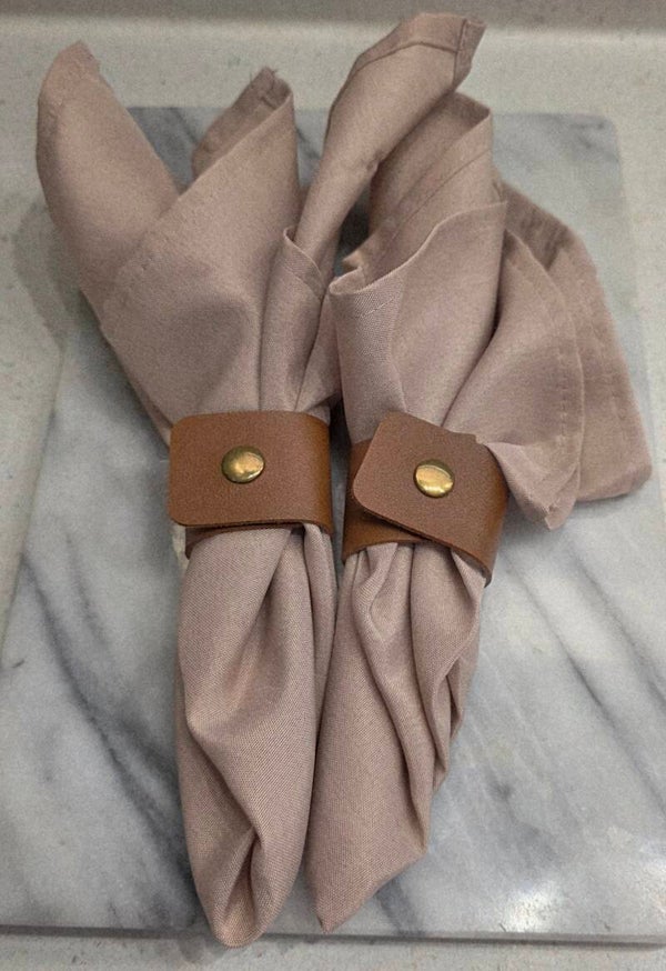 Beige Cloth With Faux Leather Snap Napkin Rings Button Accent Set of 2