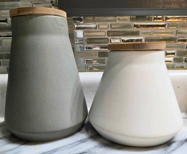 Crofton Ceramic Storage Canisters Gray White Set of 2 With Wooden Lids